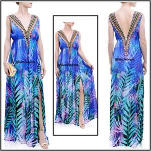 SHAHIDA PARIDES TROPICAL PRINT BLUE COLOUR MAXI DRESS SZ M/L $419